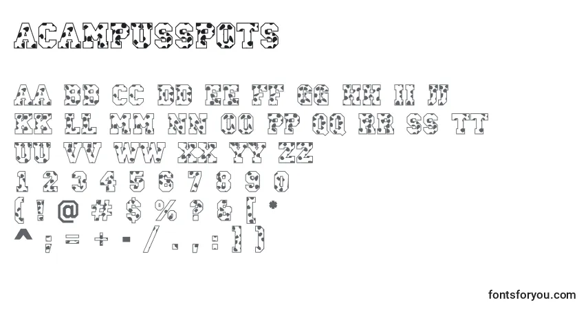 Czcionka ACampusspots – alfabet, cyfry, specjalne znaki