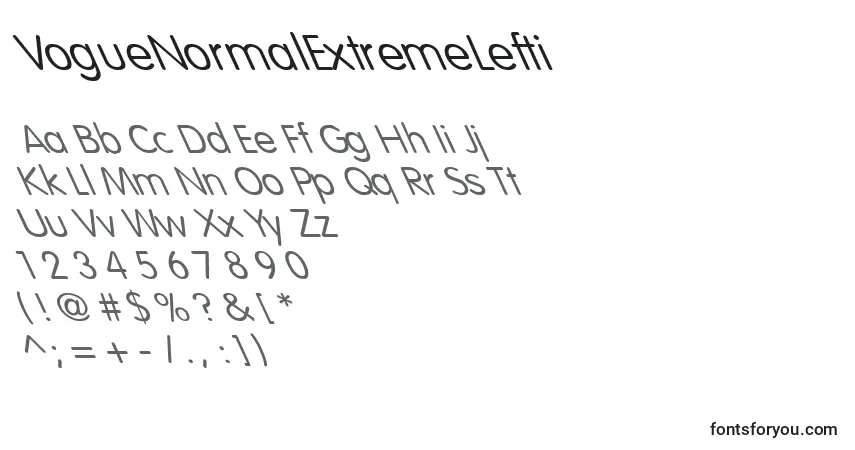 Czcionka VogueNormalExtremeLefti – alfabet, cyfry, specjalne znaki