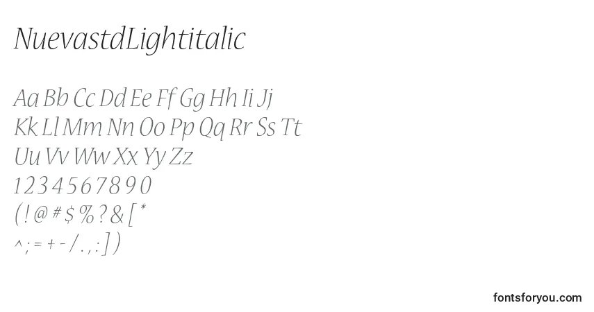 Schriftart NuevastdLightitalic – Alphabet, Zahlen, spezielle Symbole