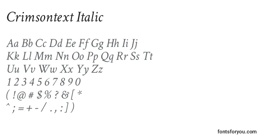 A fonte Crimsontext Italic – alfabeto, números, caracteres especiais