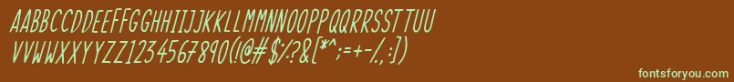 フォントSkinnyThingsItalic – 緑色の文字が茶色の背景にあります。