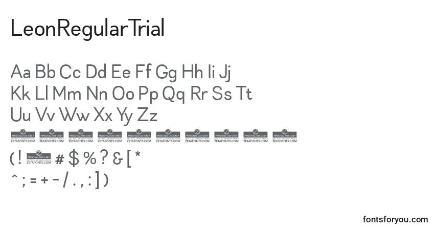 Czcionka LeonRegularTrial – alfabet, cyfry, specjalne znaki