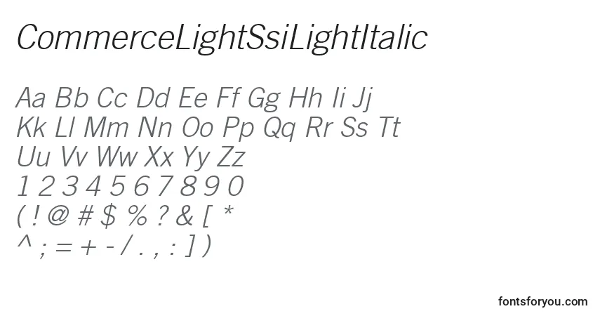 A fonte CommerceLightSsiLightItalic – alfabeto, números, caracteres especiais