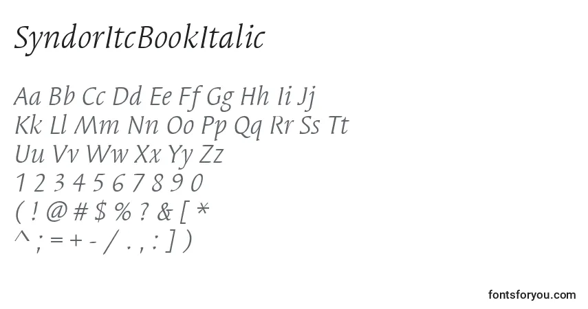 Czcionka SyndorItcBookItalic – alfabet, cyfry, specjalne znaki