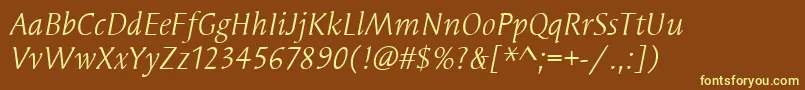 Weitere Informationen zur SyndorItcBookItalic-Schriftart SyndorItcBookItalic-Schriftart – Gelbe Schriften auf braunem Hintergrund