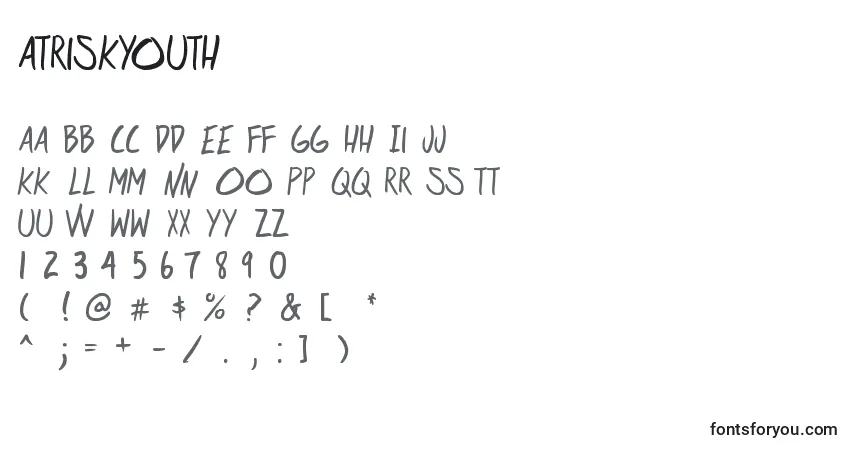 A fonte Atriskyouth – alfabeto, números, caracteres especiais