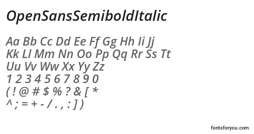 Czcionka OpenSansSemiboldItalic – alfabet, cyfry, specjalne znaki