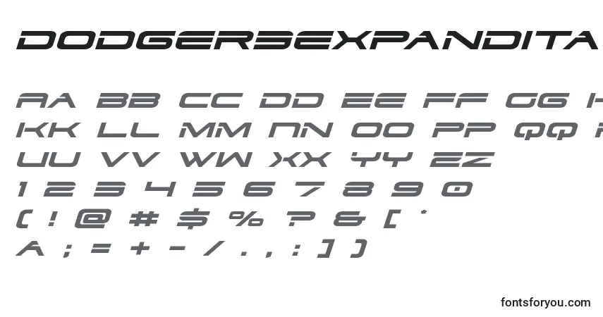 Schriftart Dodger3expandital – Alphabet, Zahlen, spezielle Symbole