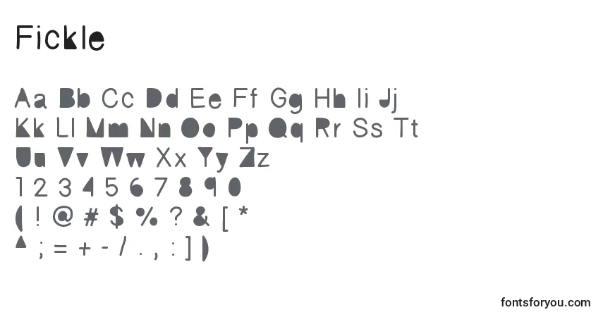 Czcionka Fickle – alfabet, cyfry, specjalne znaki