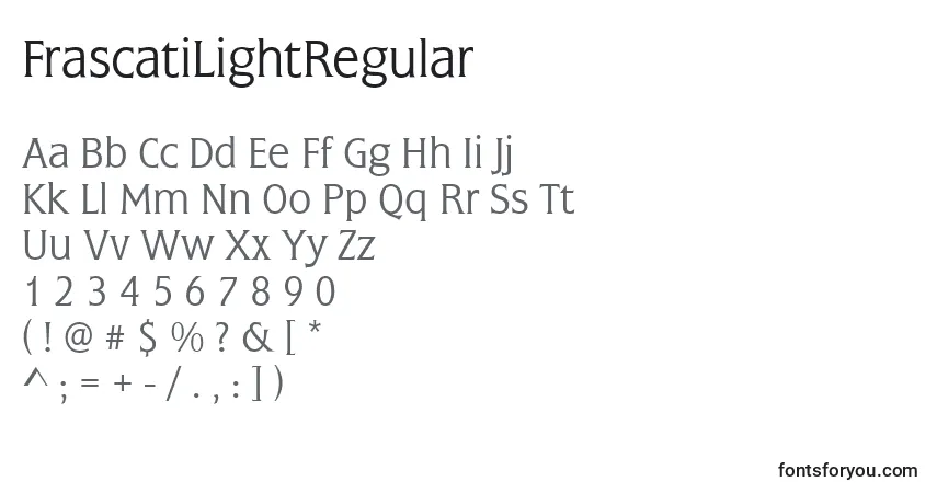 A fonte FrascatiLightRegular – alfabeto, números, caracteres especiais