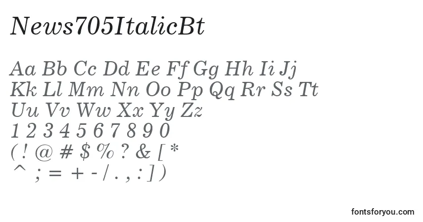 Шрифт News705ItalicBt – алфавит, цифры, специальные символы