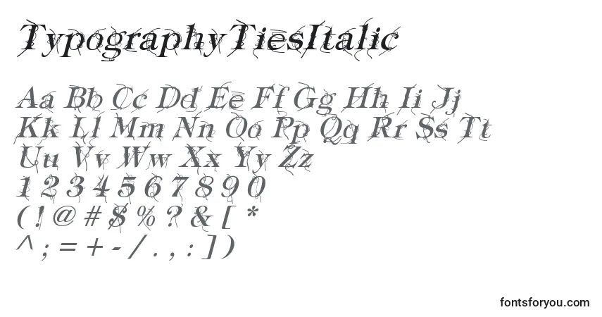 A fonte TypographyTiesItalic – alfabeto, números, caracteres especiais