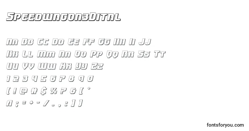 Czcionka Speedwagon3Dital – alfabet, cyfry, specjalne znaki