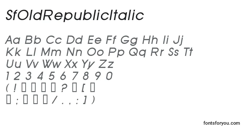 Czcionka SfOldRepublicItalic – alfabet, cyfry, specjalne znaki