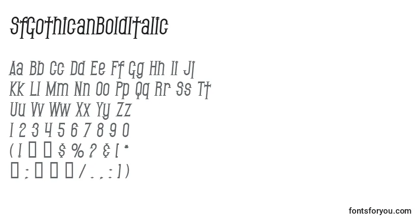 A fonte SfGothicanBoldItalic – alfabeto, números, caracteres especiais