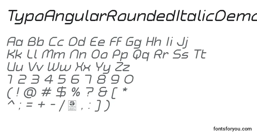 Czcionka TypoAngularRoundedItalicDemo – alfabet, cyfry, specjalne znaki