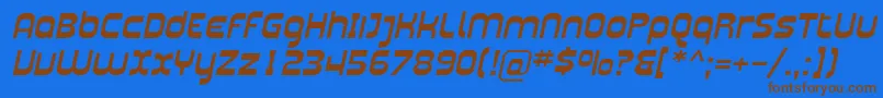 フォントPlasmaticaExtItalic – 茶色の文字が青い背景にあります。