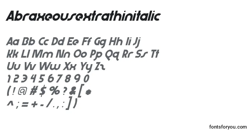 Schriftart Abraxeousextrathinitalic – Alphabet, Zahlen, spezielle Symbole