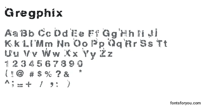 Gregphix-fontti – aakkoset, numerot, erikoismerkit