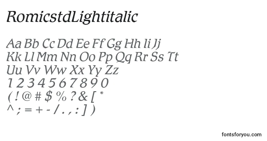 Шрифт RomicstdLightitalic – алфавит, цифры, специальные символы