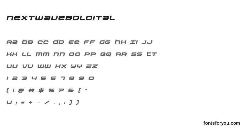 Schriftart Nextwaveboldital – Alphabet, Zahlen, spezielle Symbole