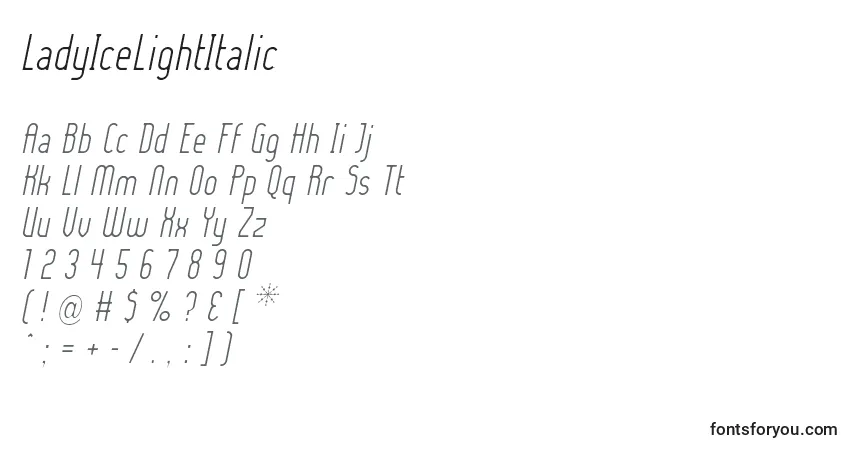 Шрифт LadyIceLightItalic – алфавит, цифры, специальные символы