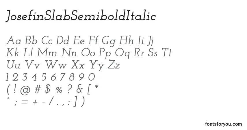 A fonte JosefinSlabSemiboldItalic – alfabeto, números, caracteres especiais