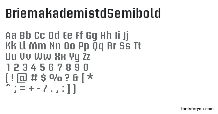 A fonte BriemakademistdSemibold – alfabeto, números, caracteres especiais