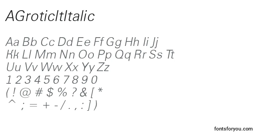 Czcionka AGroticltItalic – alfabet, cyfry, specjalne znaki