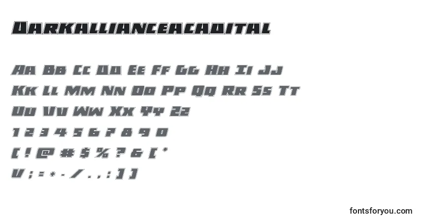 A fonte Darkallianceacadital – alfabeto, números, caracteres especiais
