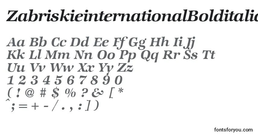 Czcionka ZabriskieinternationalBolditalic – alfabet, cyfry, specjalne znaki