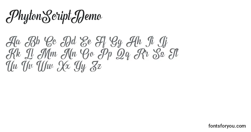 Czcionka PhytonScriptDemo – alfabet, cyfry, specjalne znaki