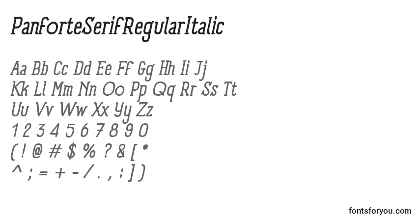 Czcionka PanforteSerifRegularItalic – alfabet, cyfry, specjalne znaki