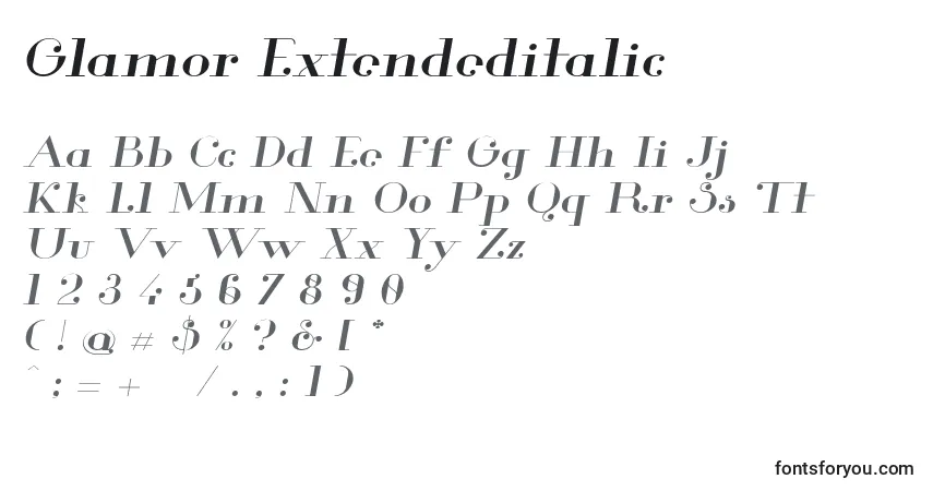 Schriftart Glamor Extendeditalic – Alphabet, Zahlen, spezielle Symbole