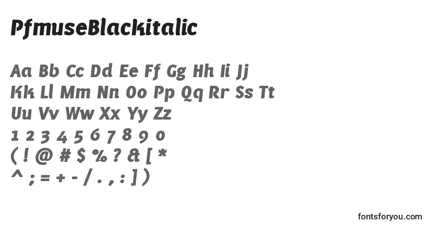 A fonte PfmuseBlackitalic – alfabeto, números, caracteres especiais