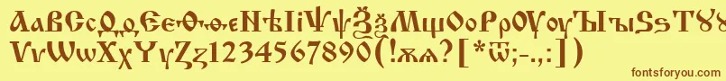 フォントIzhit55 – 茶色の文字が黄色の背景にあります。