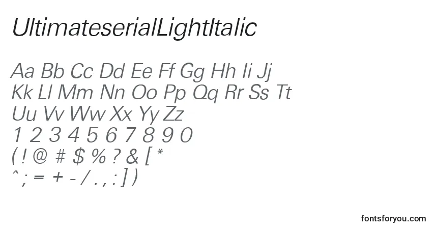 Czcionka UltimateserialLightItalic – alfabet, cyfry, specjalne znaki