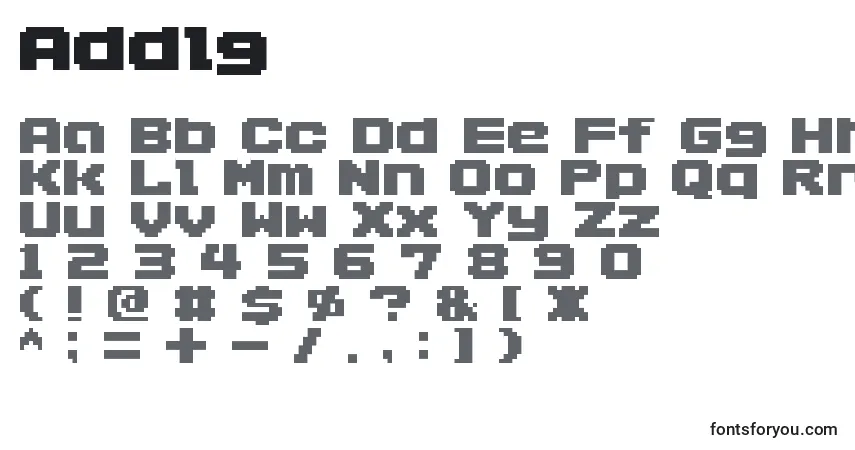 A fonte Addlg – alfabeto, números, caracteres especiais
