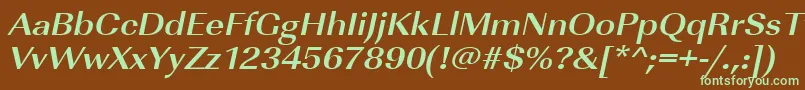 フォントUrwimperialtextwidBoldOblique – 緑色の文字が茶色の背景にあります。