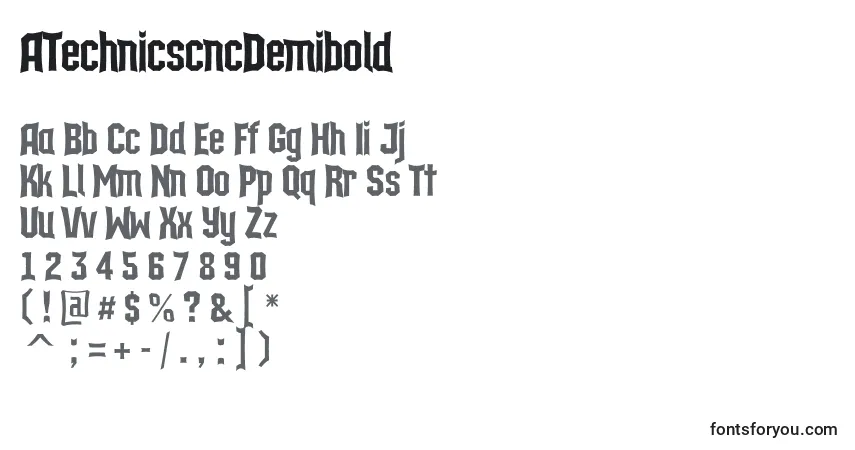 A fonte ATechnicscncDemibold – alfabeto, números, caracteres especiais