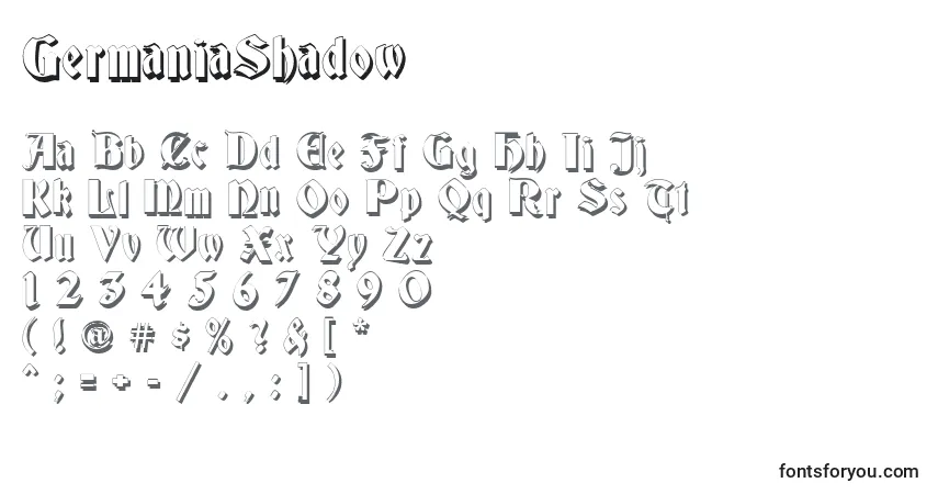Czcionka GermaniaShadow – alfabet, cyfry, specjalne znaki