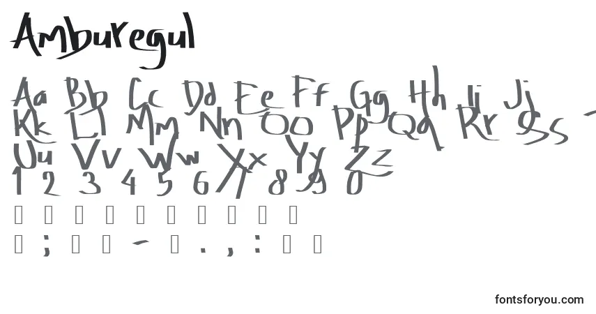 A fonte Amburegul (114172) – alfabeto, números, caracteres especiais