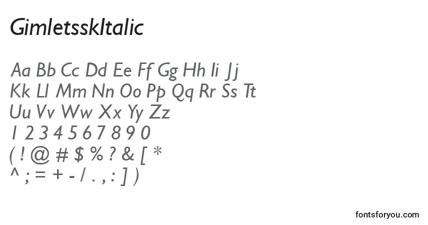 Czcionka GimletsskItalic – alfabet, cyfry, specjalne znaki