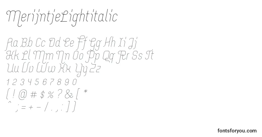 Schriftart MerijntjeLightitalic – Alphabet, Zahlen, spezielle Symbole