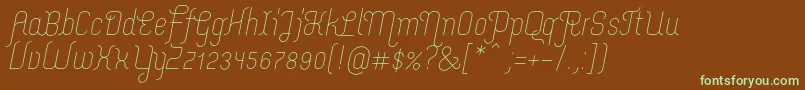 フォントMerijntjeLightitalic – 緑色の文字が茶色の背景にあります。