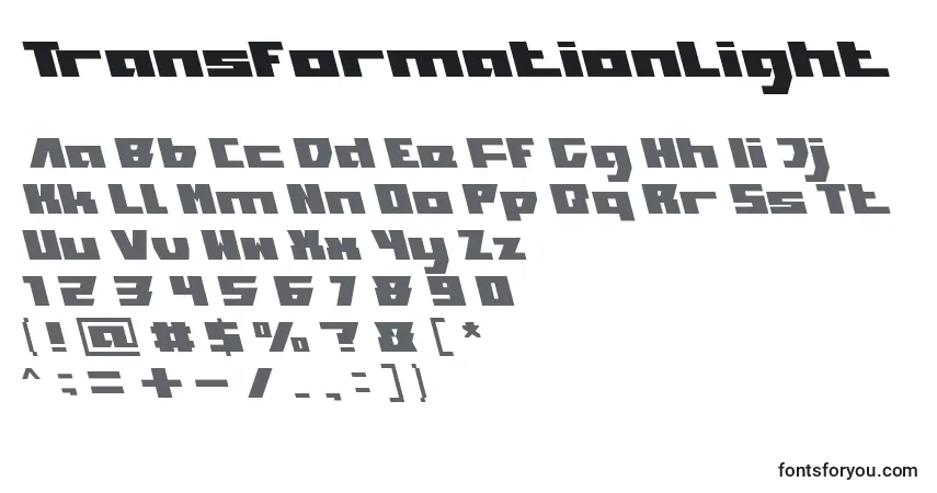 Czcionka TransformationLight – alfabet, cyfry, specjalne znaki