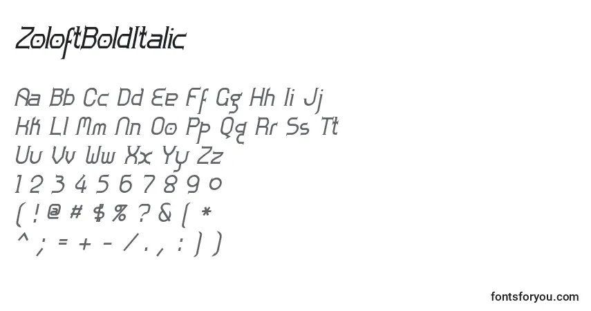 ZoloftBoldItalicフォント–アルファベット、数字、特殊文字