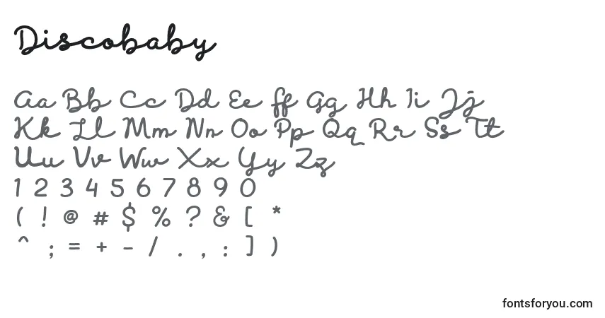 Schriftart Discobaby (114191) – Alphabet, Zahlen, spezielle Symbole