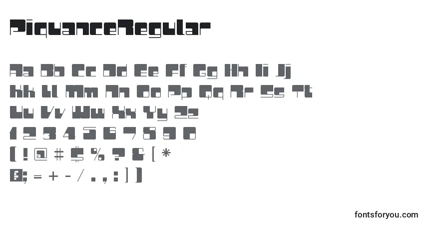Czcionka PiquanceRegular – alfabet, cyfry, specjalne znaki