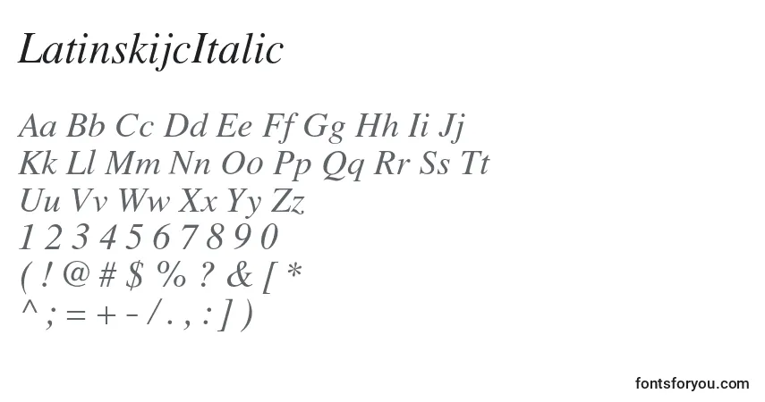 Czcionka LatinskijcItalic – alfabet, cyfry, specjalne znaki